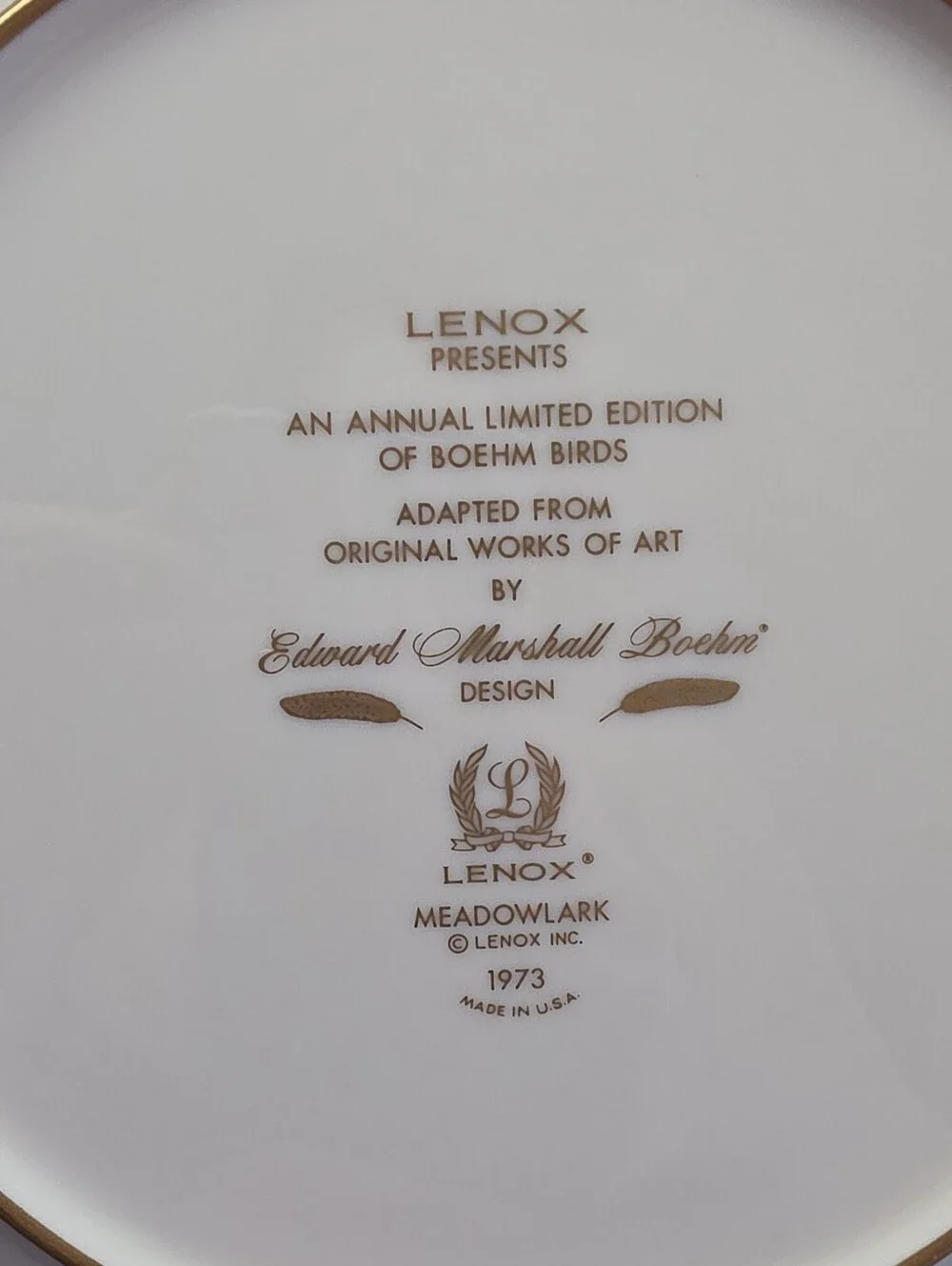 Lenox China Boehm Birds 1973 Meadowlark Plate Limited Edition Collector Plate